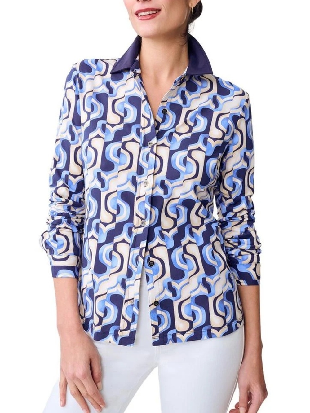 LN J. McLaughlin Betty Blue & Beige Geometric Print Button Down Collar Top - M